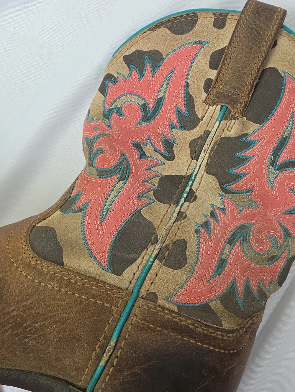 ARIAT Kid's Lonestar Western Cowgirl Pull On Mid-Calf Teal Pink Stitched Boots 1